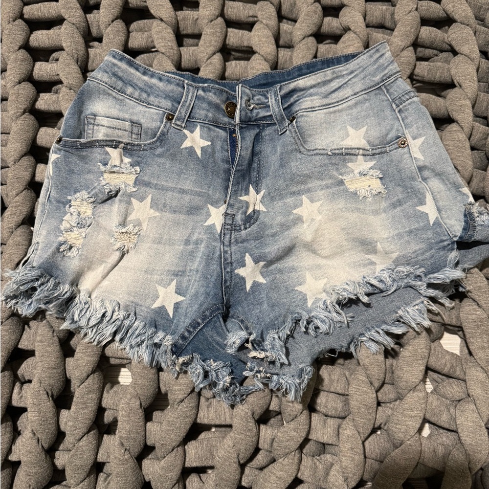 Denim Star-Patterned Frayed Women's Shorts